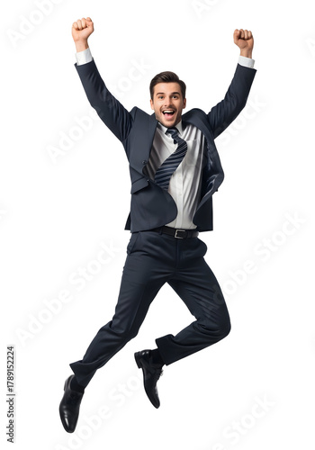 Joyful businessman jumping in excitement, celebrating a successful achievement, isolated on transparent background