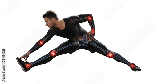 An athlete performing a stretching exercise to improve flexibility and prevent injury. The image highlights key joint areas, isolated on transparent background