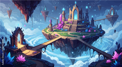 Fantasy Floating Castle Island with Glowing Pink Crystals