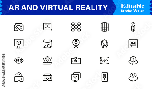 Advanced AR VR Line Icon Collection Featuring Modern Minimalist Style and Professional Unique Designs for Augmented Reality and Virtual Worlds