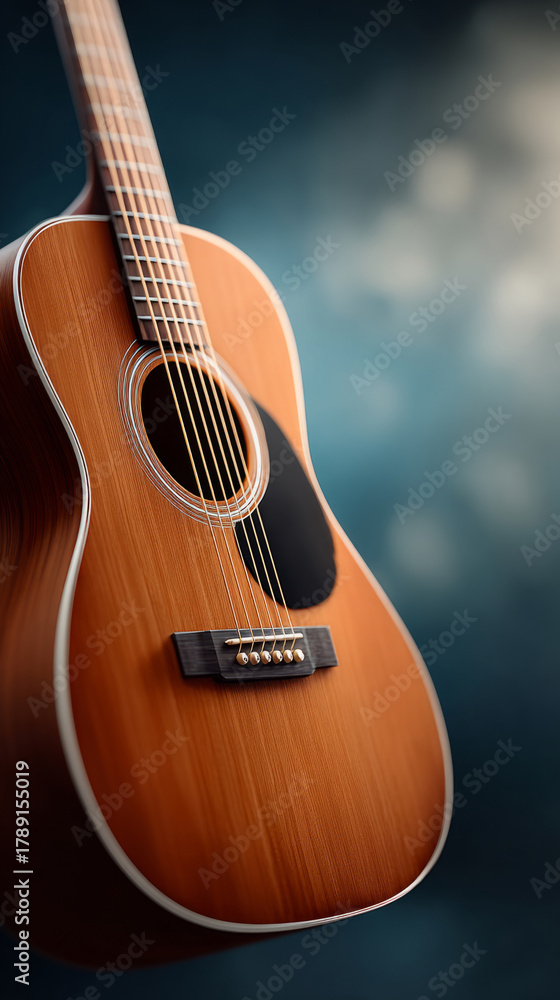 Obraz premium Vertical close up of small acoustic guitar on moody background for music concept design