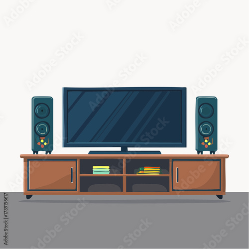 Vector illustration of a home entertainment setup with a widescreen television, audio speakers, and a wooden console table for a living room interior
