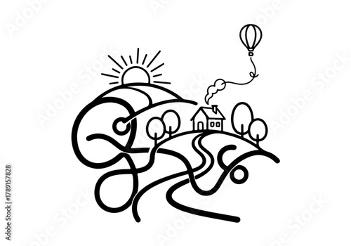 Charming rural landscape illustration featuring house, hills, and hot air balloon