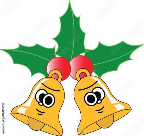 A whimsical illustration of two golden Christmas jingle bells with humorous cartoon faces, adorned with a festive sprig of holly and red berries