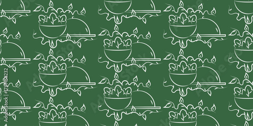 White vector seamless pattern of a tray and plate with salad. Healthy eating only. Doodle style. Can be used as a pattern for dishes, towels, and bed linens.