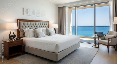 Luxury hotel room with ocean view and king-size bed
