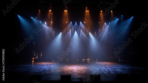 Contemporary dance stage with dramatic spotlight illumination. Performance lighting concept entertainment venue theatrical stage design for artistic performance space and monochromatic lighting effect