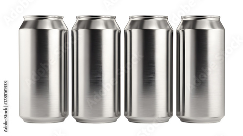 Four silver aluminum beverage cans standing in a row isolated on transparent background