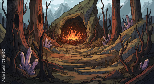 Cartoon Forest Clearing with Crystal Rocks and Fire Pit