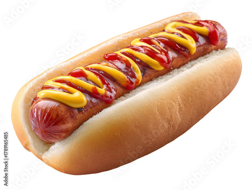 Delicious hot dog with ketchup and mustard condiments on a bun isolated on transparent background