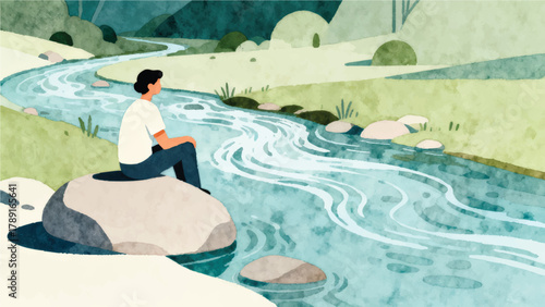 Man Sitting by a Winding River in a Serene Landscape Watercolor Illustration