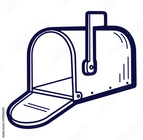 Illustrated outline drawing of an open mailbox with a raised flag ready for delivery