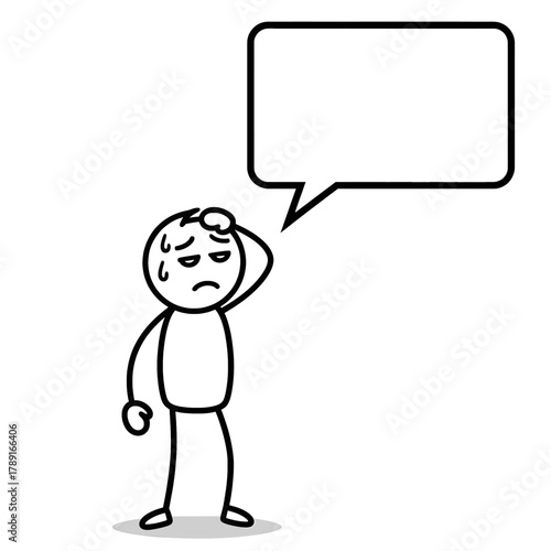 Stickman talking weakly with a tired expression and speech bubble. Concept of burnout, fatigue, and emotional stress.