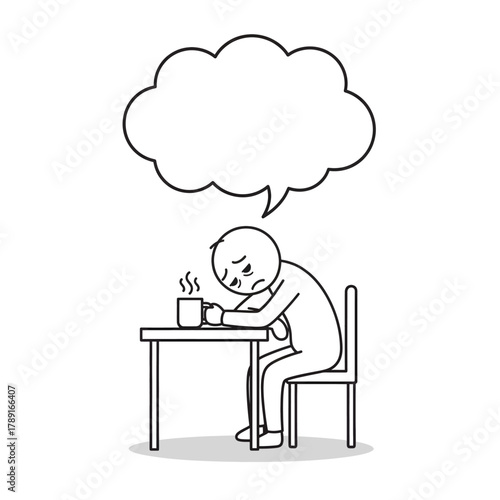 Stickman sitting tired at desk with thought cloud above head. Symbol of stress, overthinking, and fatigue.
