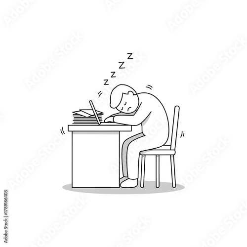 Stick figure falling asleep while working at desk. Represents burnout, exhaustion, or overwork.