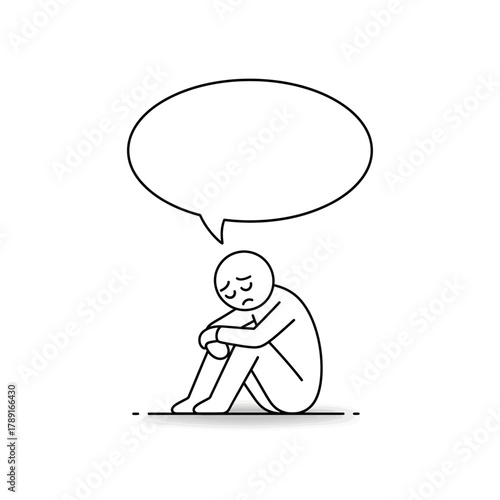 Stickman sitting with a sad face and empty speech bubble. Concept of loneliness, burnout, or emotional fatigue.