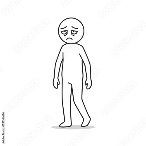 Stickman standing with a tired and sad expression. Symbol of exhaustion, stress, and low energy.