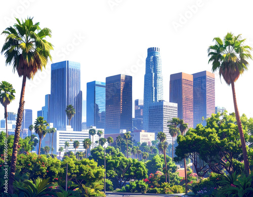  A realistic AI-generated panoramic view of Downtown Los Angeles during the day, modern skyscrapers with reflective glass, palm trees visible on transparent background for travel or urban design