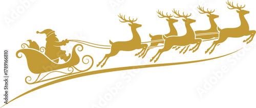 Golden Santa sleigh silhouette, flying reindeer Christmas scene, festive holiday vector illustration, ornate seasonal graphic, stylized gift delivery design, elegant celebration artwork