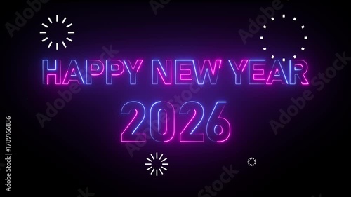 Happy New Year 2026 neon sign with fireworks in purple and blue on black text