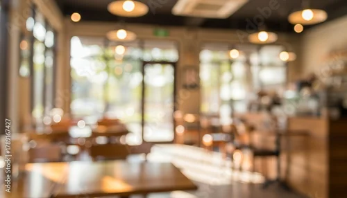 Fototapeta na wymiar Blurred cafe interior with warm lighting, wooden textures, and soft focus. Modern seating area and decorative elements, suitable for lifestyle and creative backgrounds.