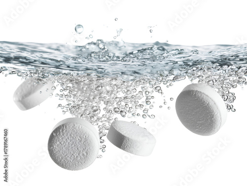 Several white effervescent tablets dissolving and creating bubbles in clear water isolated on transparent background