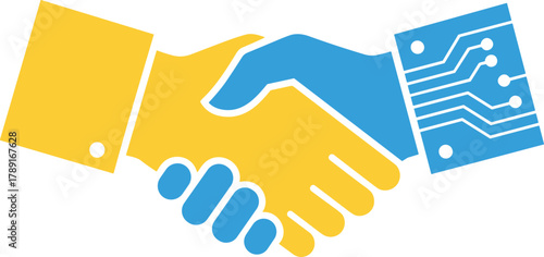 human and robotic handshake, technology partnership, AI collaboration, digital transformation, vector illustration, editable stroke, professional concept, innovation symbol