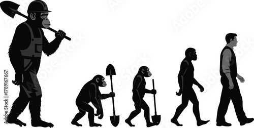 Human evolution concept, funny chimpanzee construction worker, shovel progression, primate to modern man, labor irony, evolution parody