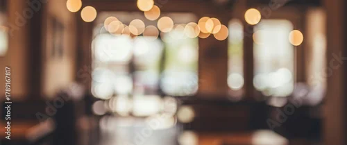 Obraz Blurred cafe interior with warm lighting, wooden textures, and soft focus. Modern seating area and decorative elements, suitable for lifestyle and creative backgrounds.