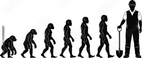Human evolution silhouette, primate to worker, construction helmet, shovel in hand, labor progress, industrial growth, evolution stages, modern workforce, development journey