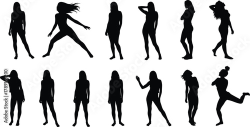 Human silhouette poses, standing and dynamic gestures, black figures, posture variation, motion study, artistic reference, character design, digital art, white background