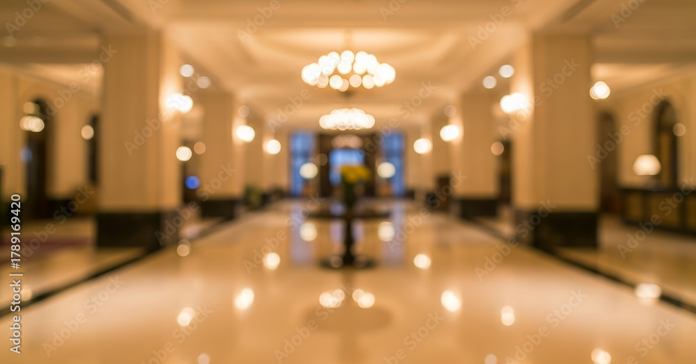 Fotobehang Hotel chique Blurred modern hotel lobby interior with warm color tones, polished surfaces, and structured lighting. Depth of field highlights architectural lines, suitable for hospitality backgrounds. #1789169420