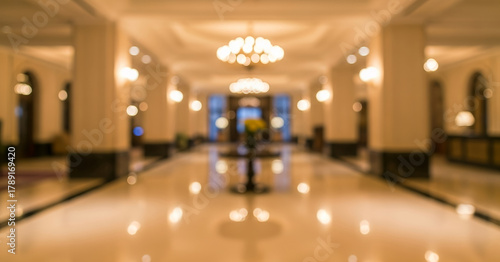 Blurred modern hotel lobby interior with warm color tones, polished surfaces, and structured lighting. Depth of field highlights architectural lines, suitable for hospitality backgrounds.