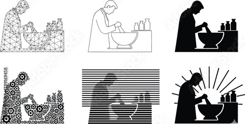 Lab technician silhouette styles, mixing bowl poses, scientific preparation scenes, vector set, editable stroke, professional concept, black and white design