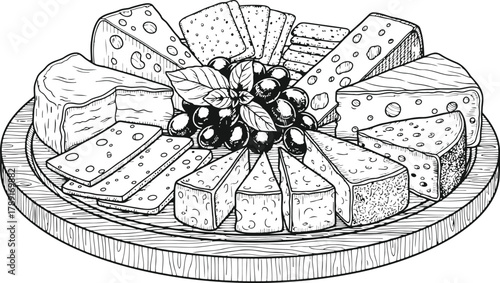 Assortment of cheese wedges on a round board illustration for food and dining concepts