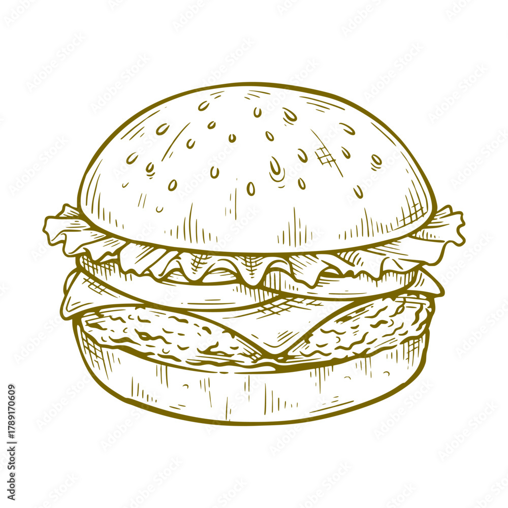 Fototapeta premium Burger hand drawn illustration. Burger vector line art