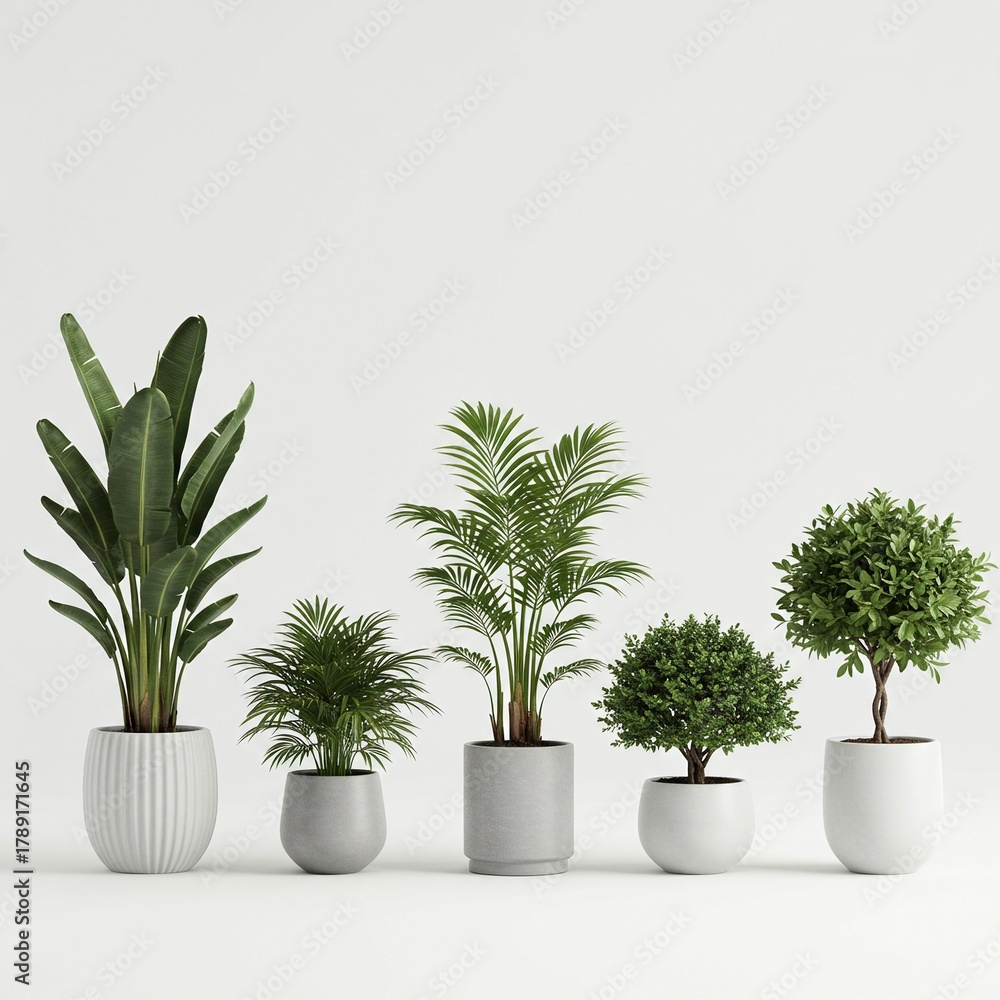 Fototapeta premium A collection of five potted green houseplants with lush foliage, displayed against a clean white background