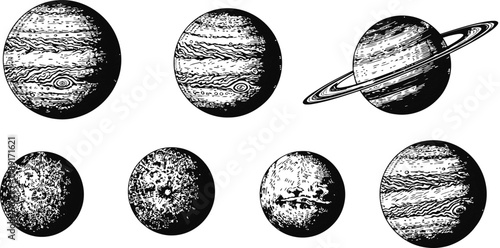 Collection of six cosmic planet silhouettes with one featuring a distinct ring system