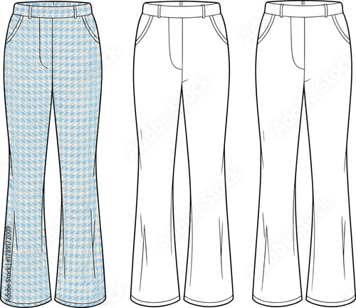 High waist flared pants flat fashion sketch, houndstooth pattern trousers vector illustration with front pockets and stylish wide leg design