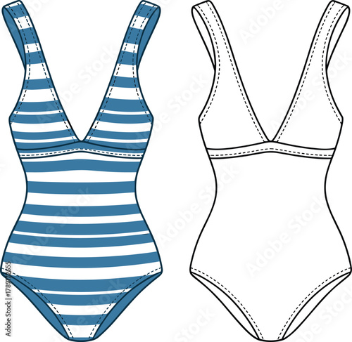 Striped one piece swimsuit flat sketch, deep V neck swimwear design, beachwear fashion CAD vector illustration for summer collection