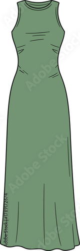 Women’s sleeveless long dress flat sketch, elegant maxi bodycon dress vector template, minimalist fashion CAD design illustration