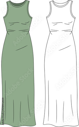 Sleeveless long dress technical flat, women’s maxi dress vector template, fashion CAD drawing front view, elegant apparel design illustration