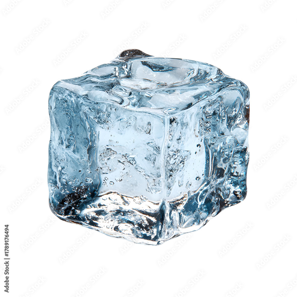 Obraz premium A single clear ice cube with sharp edges and internal bubbles isolated on transparent background