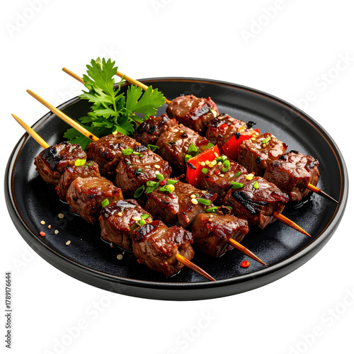 Mini beef shashlik skewers, small and juicy grilled meat kebabs marinated with spices and onions, isolated on a stark white background