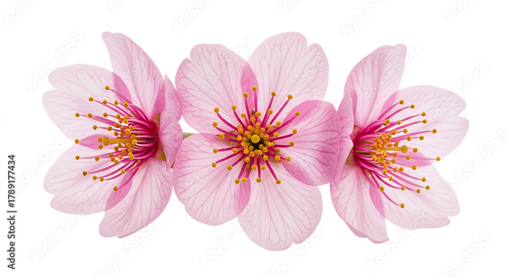 Fototapeta premium Three pink cherry blossoms isolated on transparent background, closeup