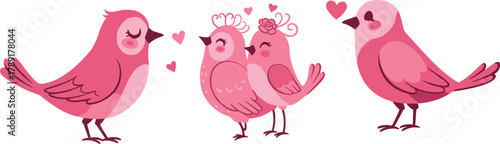 Cute pink love birds illustration with hearts, romantic cartoon couple vector design for valentine, wedding, romance, and love theme art
