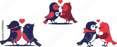 Cute love birds illustration, romantic cartoon sparrows and songbirds in red and navy color, adorable couple birds vector art design