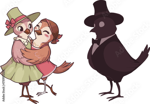 Cartoon birds in elegant outfits dancing together, vintage style love birds illustration, romantic couple and gentleman bird in tuxedo art