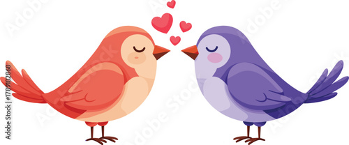 Romantic love birds illustration, cute red and purple cartoon couple with hearts, valentine affection, relationship, tenderness, and adorable animal art