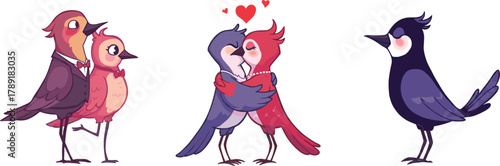 Romantic cartoon birds illustration, love couples and single bird, cute valentine characters, relationship, emotion, affection, jealousy, and happiness concept art